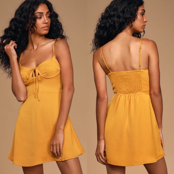 Mustard yellow bustier dress with scallop hem